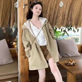 欧货2025新款女装时尚拼接蕾丝宽松设计显瘦春秋双连帽风衣外套女