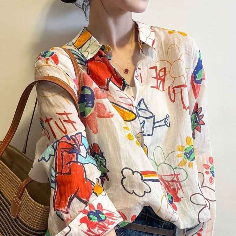 Retro Printed Lapel Fashion Shirt for Women 2026 Spring and Summer New Style Women's Thin Sun Protection Shirt Trendy Retro Printed Lapel Fashion Shirt for Women 2026 Spring and Summer New Style Women's Thin Sun Protection Shirt Trendy