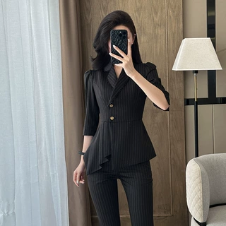 SY9760职业条纹西装套装女夏季酒店经理珠宝店前台接待工作服女