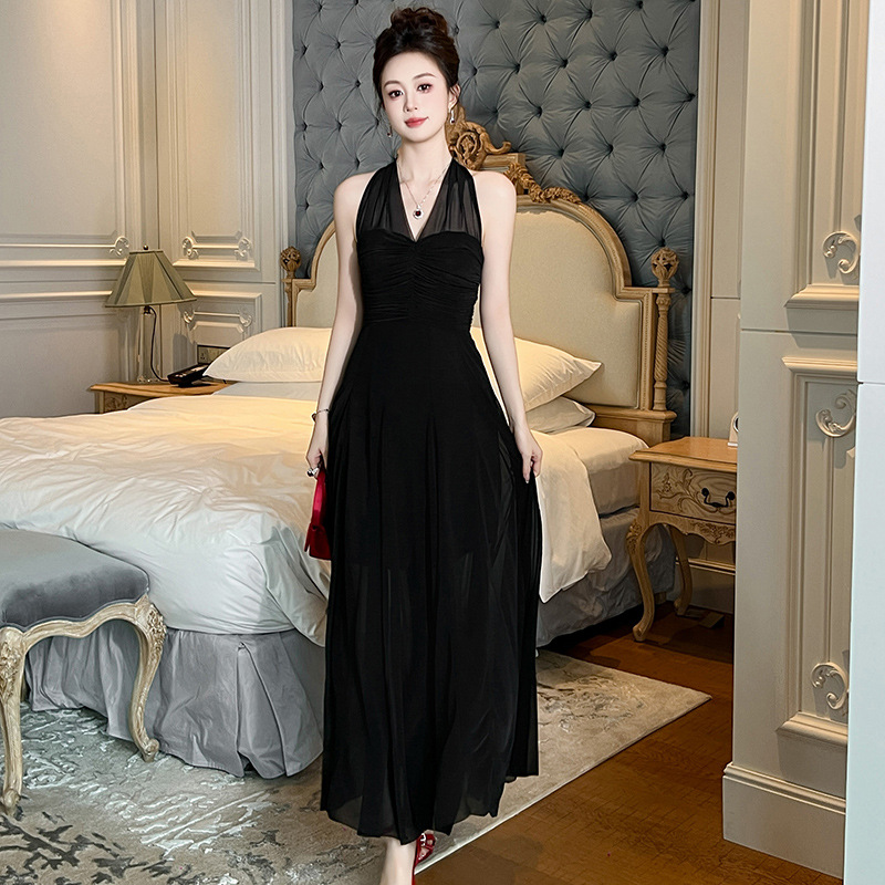 Đầm maxi nữ cổ chữ V lưới voan phong cách Pháp gợi cảm — Màu đen