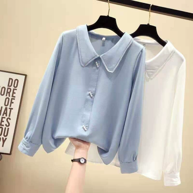 Подлинная рубашка женская мода иностранная кукольный воротник французская бусиная кружевная рубашка с длинными рукавами шифоновая топ