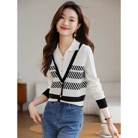 24春装新款法式学院风假两件针织衫女摩哥鱼元创条纹时尚翻领上衣