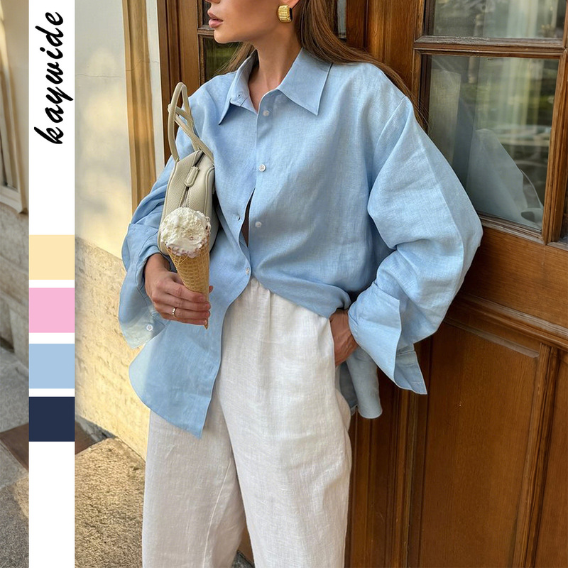 Di Yun Cross-Border European and American Casual Vacation Solid Color Long-Sleeve Women's Blouse Women's Clothing 2025 Autumn and Winter Amazon Independent Site