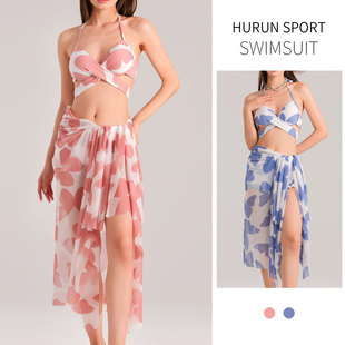 HURUN Bikini Swimsuit Women's Small Chest Gathering Sexy Seaside Vacation Split Three-piece 2024 New Swimsuit