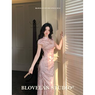 Pink Bamboo Dream Chinese Style Small Stand Collar Jacquard Straight Shoulder New Chinese Improved Short Sleeve Cheongsam Women's Dress