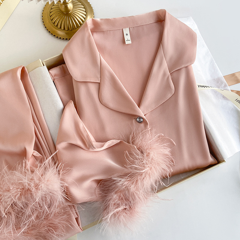 Pajamas for Women, Removable Feather Ice and Snow Silk Pajamas for Women, High-End Silks and Satins, Can Be Worn Outside, Long Suits, Home Clothes