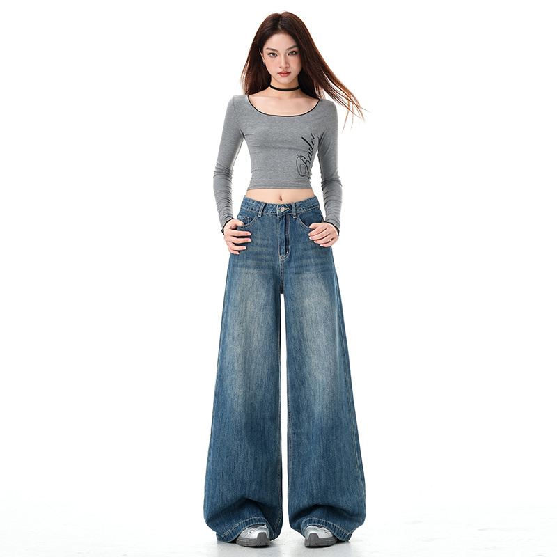 Autumn New Wide-Leg Jeans for Women, New Chinese Style High-Waist Design, Loose and Slim Straight-Leg Drapey Floor-Length Pants