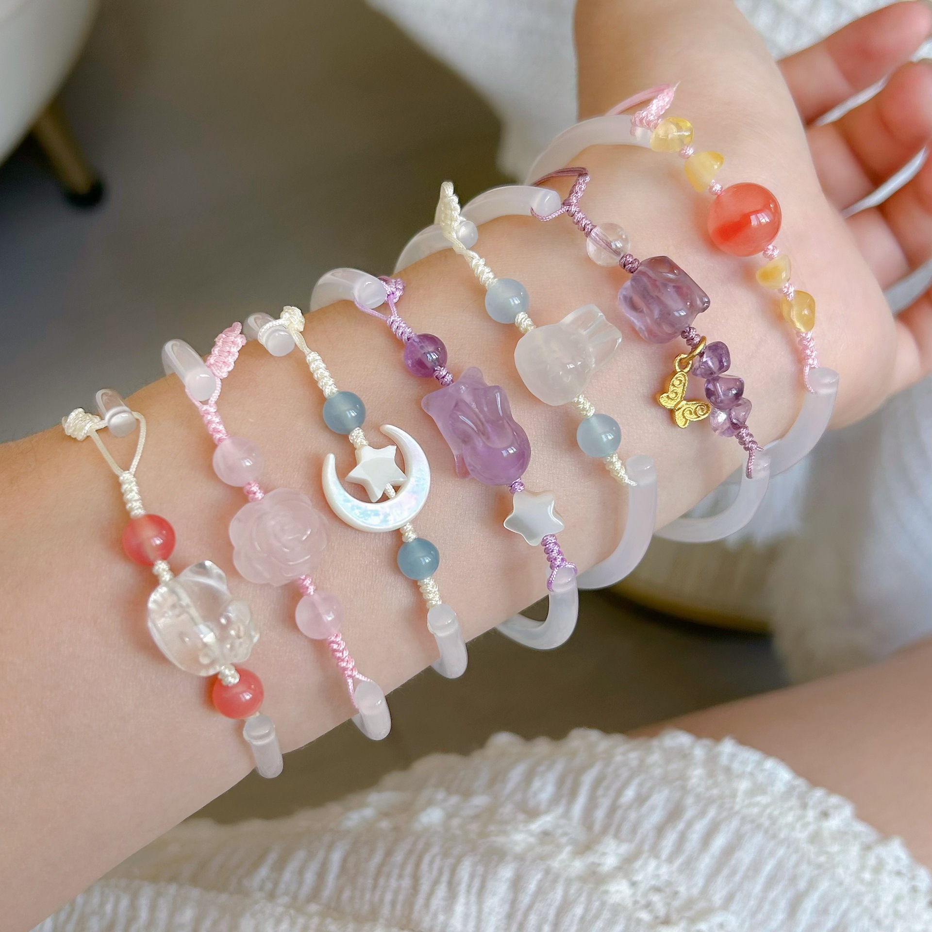 天然玉髓半镯原创设计小清新可爱猫纯可调节手工编织夏季编织半镯