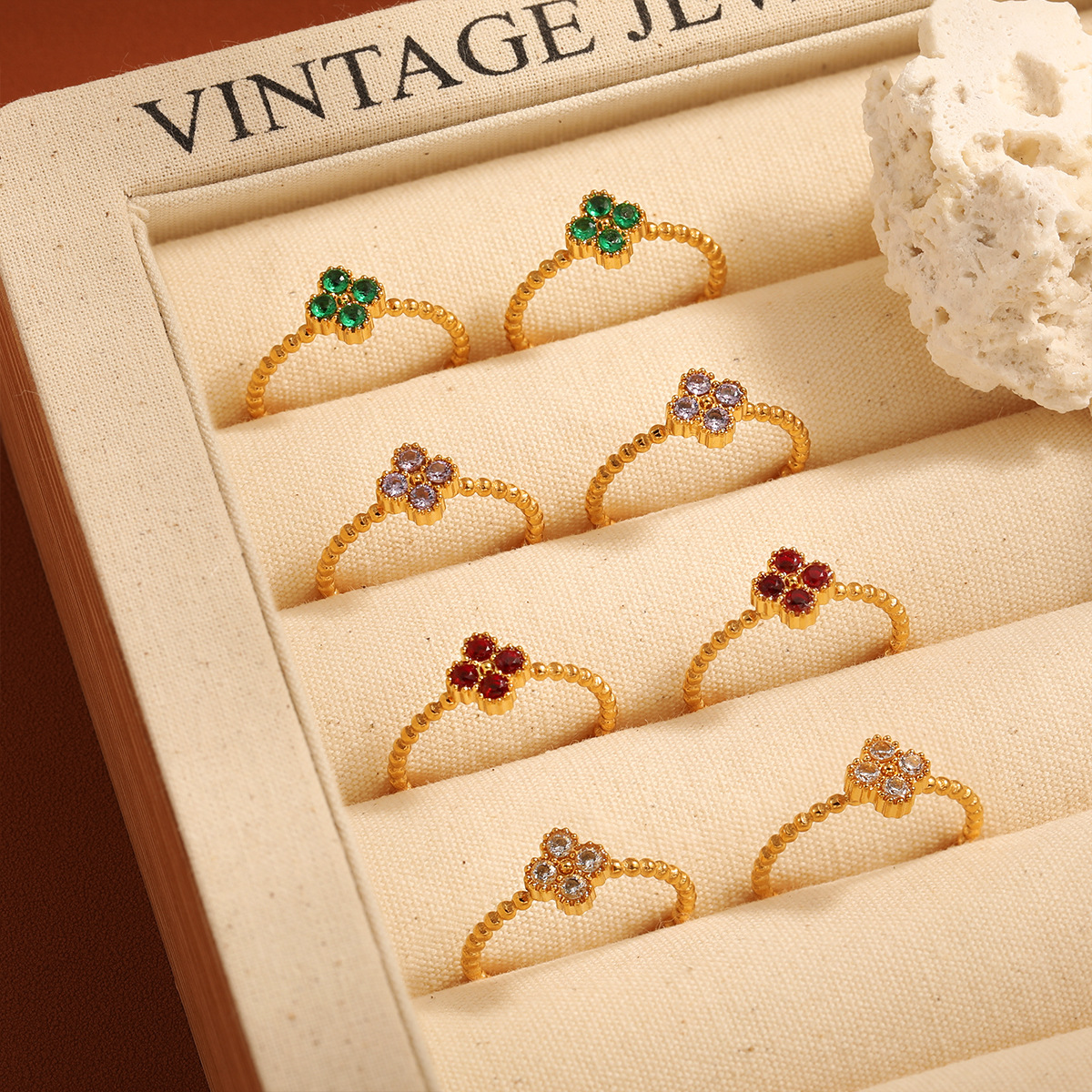 New Style Four-Leaf Clover Diamond-Encrusted Ring, Titanium Steel Plated with 18K Gold, Korean-Style Ins-Style Niche High-End Feel, Round Bead Stackable Ring