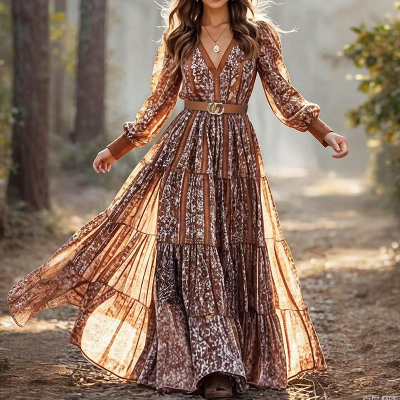 Ln1680 in Stock 2025 European and American Cross-Border Women's Fashion Printed V-Neck Bohemian Style Long Dress