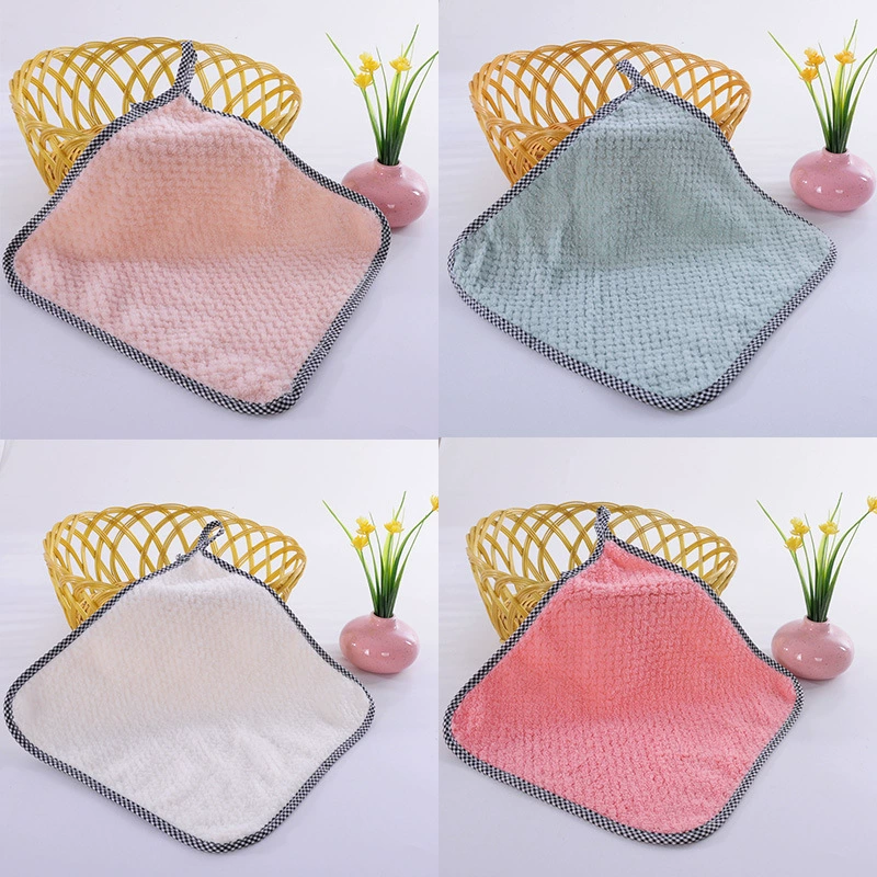 Hanging coral velvet kitchen dishcloth, water‑absorbent, plaid edge, 25×25×1 cm