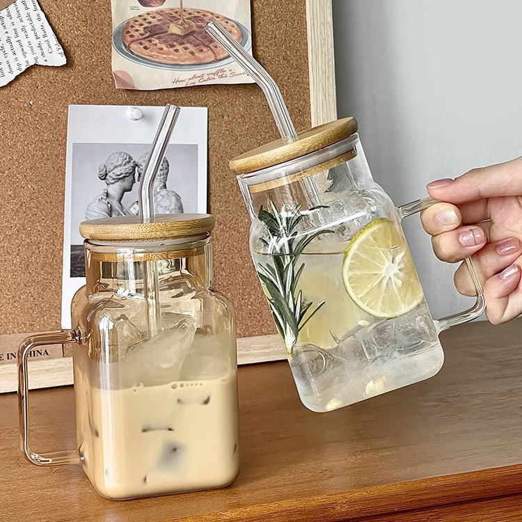 Vaso de vidrio de paja ins ventilador de alta borosilicona para el hogar con marca de taza de agua de gran capacidad de oficina con taza de tapa