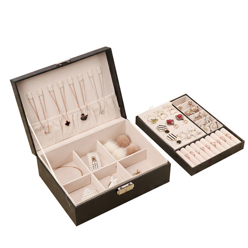 New simple double-layered lockable wooden leather jewelry box earrings jewelry box