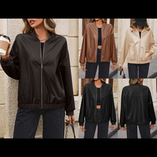 亚马逊跨境外贸欧美休闲短款长袖 PU机车皮衣 夹克外套上衣 女