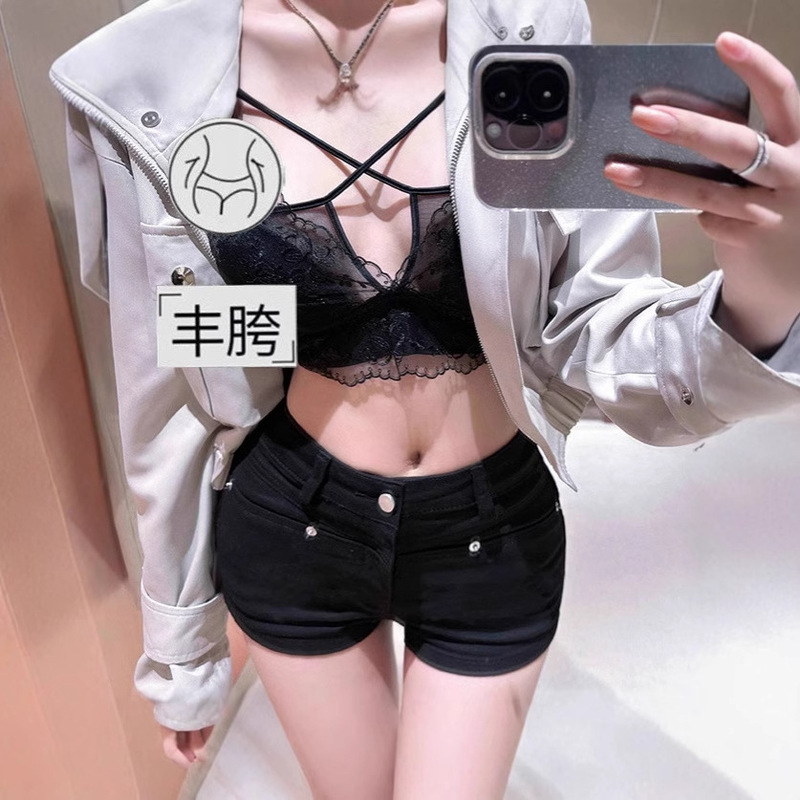 With Full Hip Pad Denim Shorts Women's Spring and Summer New Spice Girls Slim-fit Hip Black Tight Hip Hot Pants Trendy