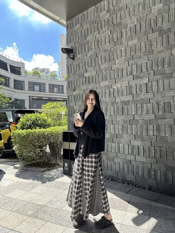 蝶宝嘻 复古回溯 双格纹拼接磨毛伞裙气质百搭A字半身裙长裙女秋|undefined