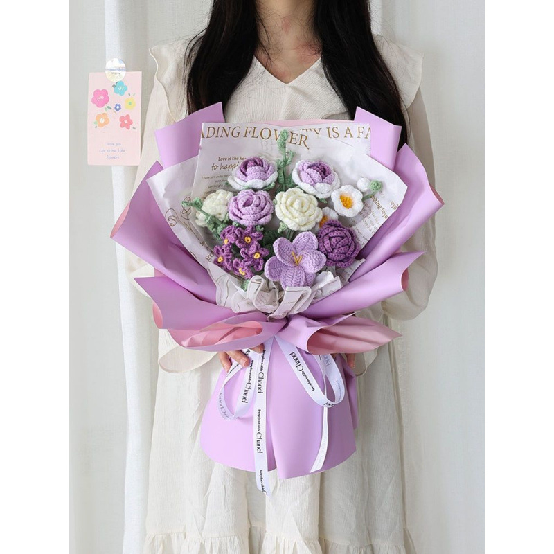 手工diy花束针织花手捧花马卡龙手工编织花送闺蜜送女友礼物MI