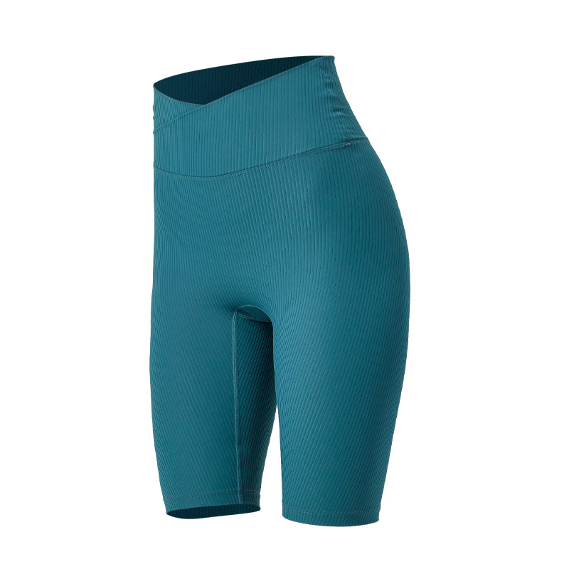 Cintura alta cruzada Levantamiento de cadera pantalones de cuatro cuartos entrenamiento transpirable para mujeres medias de contracción del vientre pantalones cortos deportivos de yoga pantalones de montar