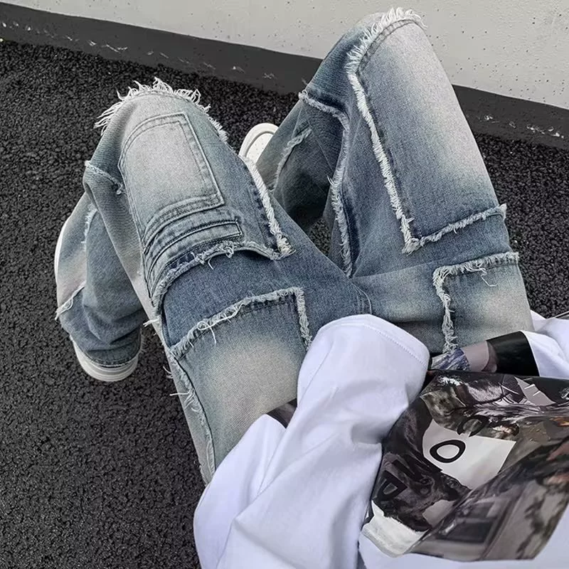 Vibe американские уличные брюки прилив бренд красивый жареный уличный ретро ретро vintage меха сплайинг джинсы