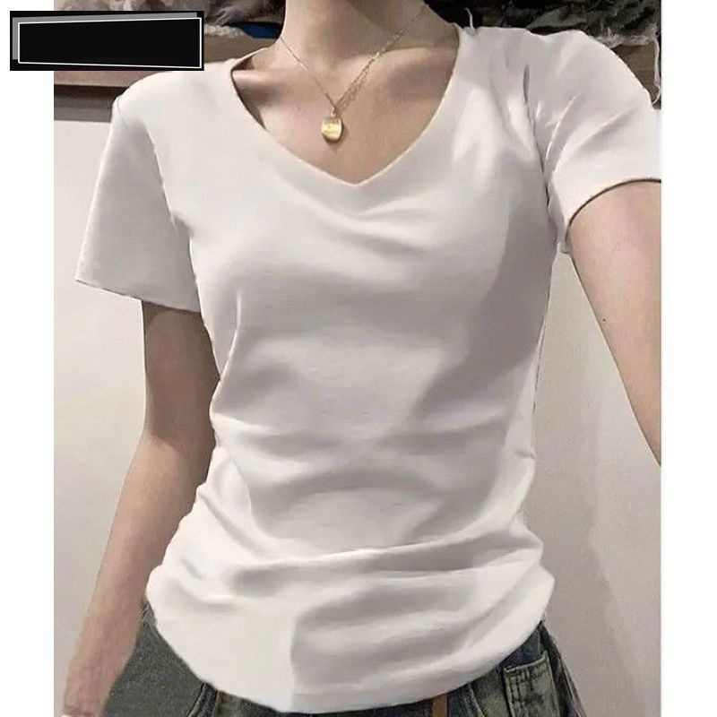 春夏の女性向けの新しい純綿右肩Vネック半袖Tシャツ、スリムで万能なアメリカンスリムトップ、インナーレイヤリングシャツ|undefined