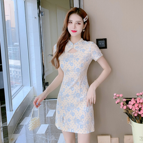  young Chinese dress modified dress Short Lace Chinese Dress retro cheongsam dress for women girls  floral skirt