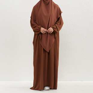 Cross-Border Foreign Trade Independent Station European and American Middle East Dubai Women's Two-Piece Set Solid Color Headscarf Robe Dress Simple