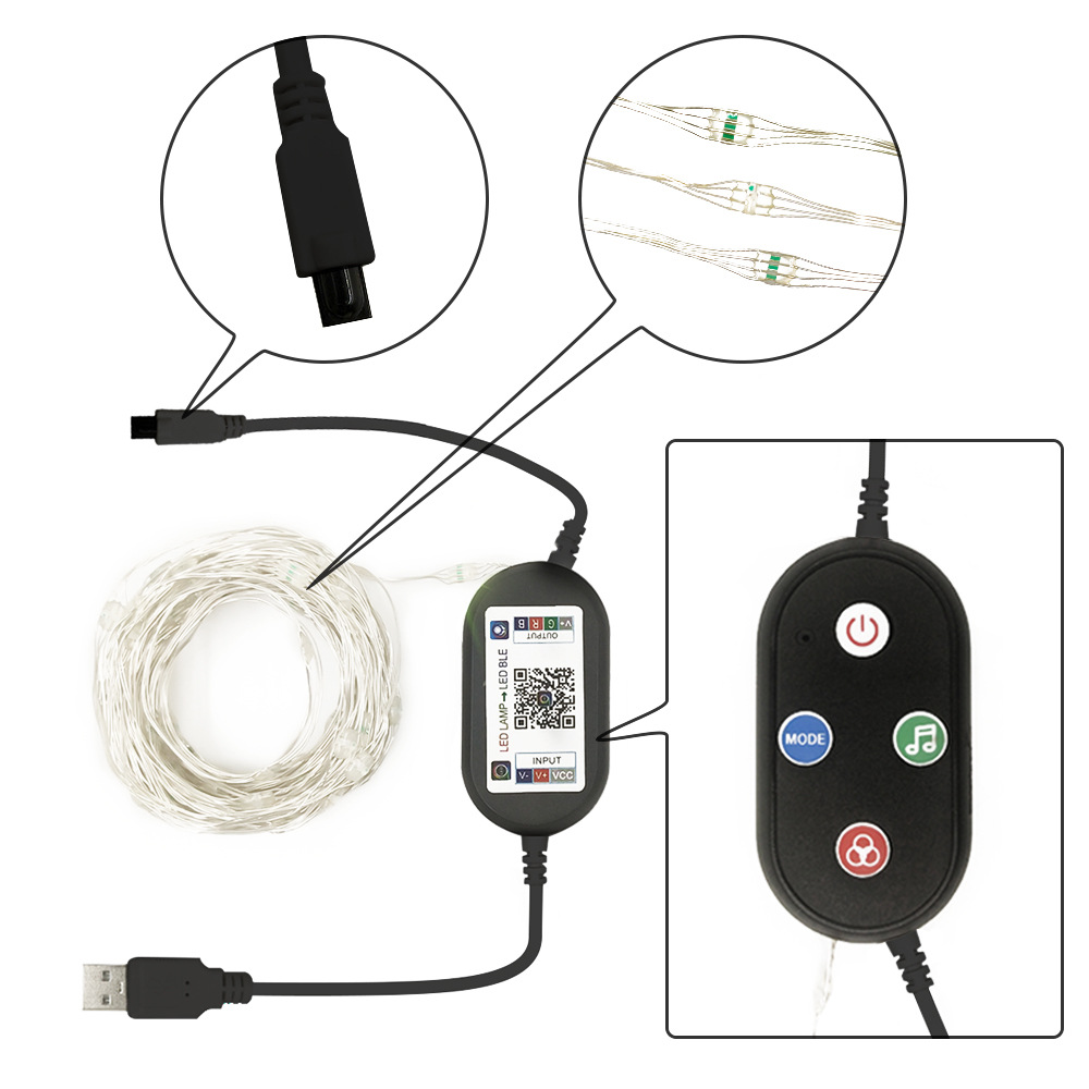 新USB蓝牙音乐声控灯串手机APP七彩闪烁RGB变色节日装饰蓝牙 灯串