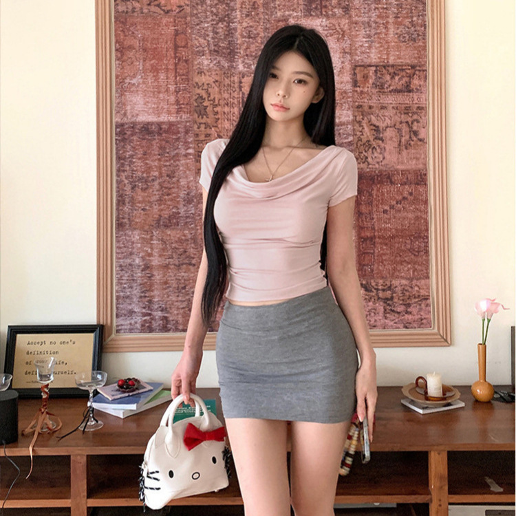 Designed One-Shoulder Swing Collar Slimming Look Short-Sleeved T-Shirt for Women 2025 Nanyou Spring and Summer New Sexy Top Trend