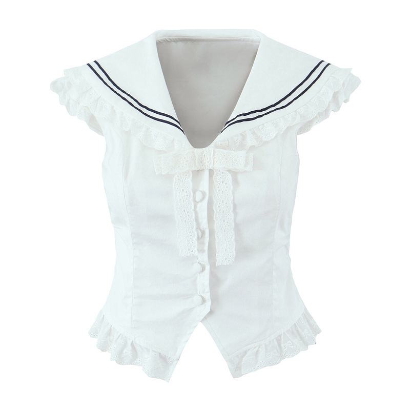 6643-25 Early Spring New European and American Style Navy Collar Lace Bow Single Row Button Sleeveless Shirt