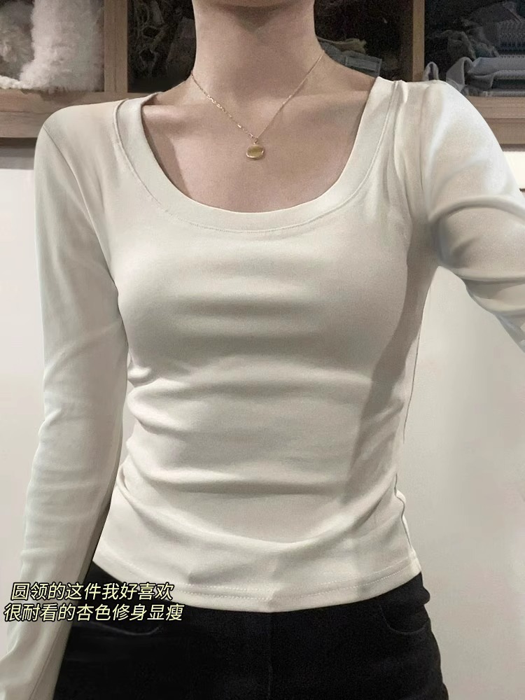 纯色领长袖恤女短款2025春季新款基础内搭女上衣修身显瘦打底衫
