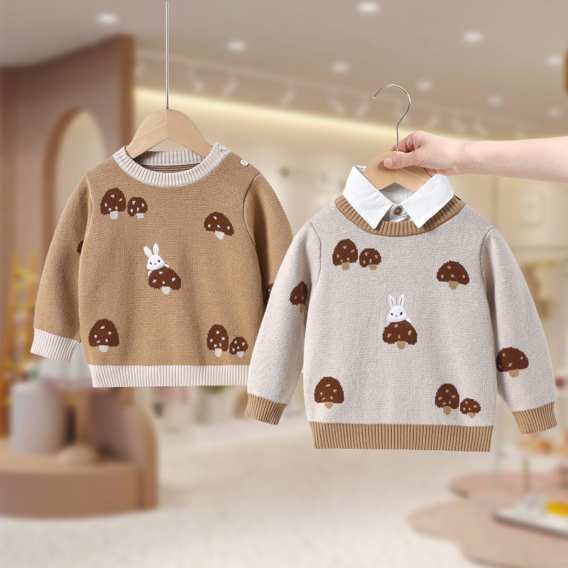 Autumn and Winter New Baby Knitwear Rabbit Mushroom 2025 Knitwear Children's Clothing Round Neck Pullover Men's and Women's Baby Knitwear Trendy