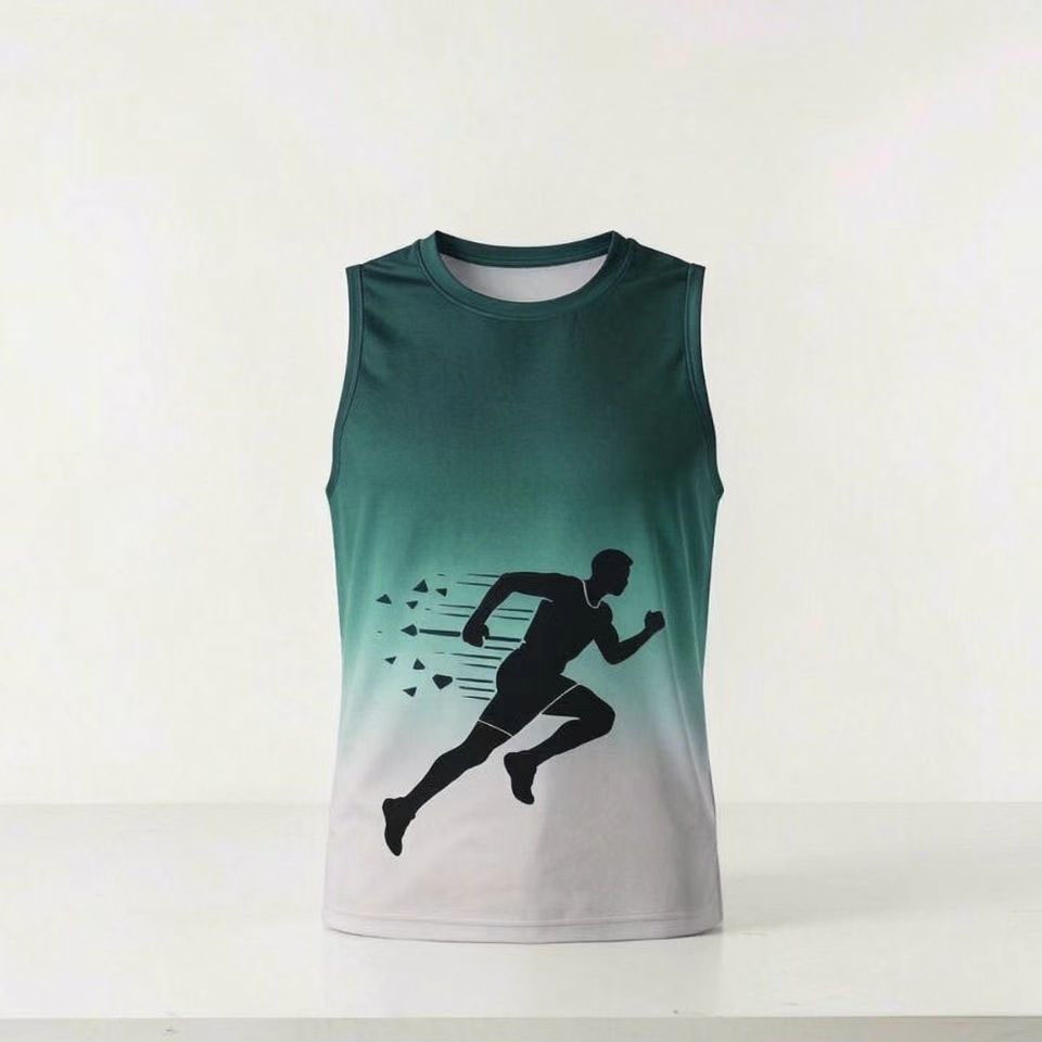 Gradient sports vest for men, athletic running silhouette print sleeveless top, quick-dry training fitness vest