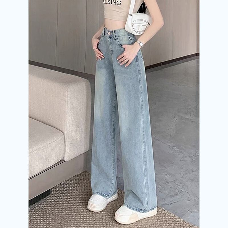 Straight-Leg Women's Thin Floor-Length Light-Colored New Style Jeans, Loose Wide-Leg Pants, High-Waisted, Slimming, Versatile, Women's Spring Season