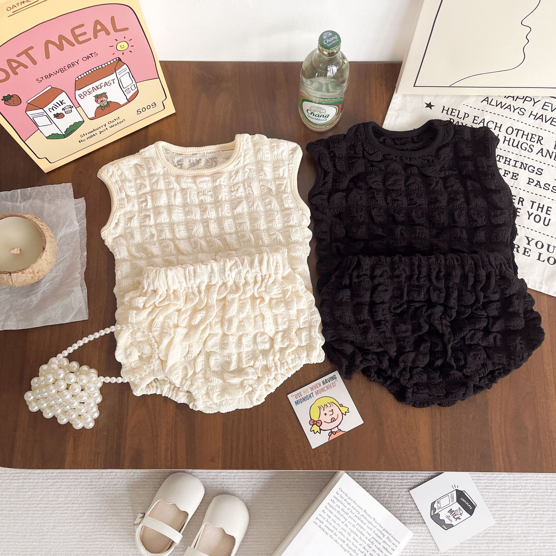 Korean-style Summer Baby Children's Wear Baby Hundred Days Cute Sleeveless suit Bubble Plaid Three-dimensional Fluffy T-shirt Shorts