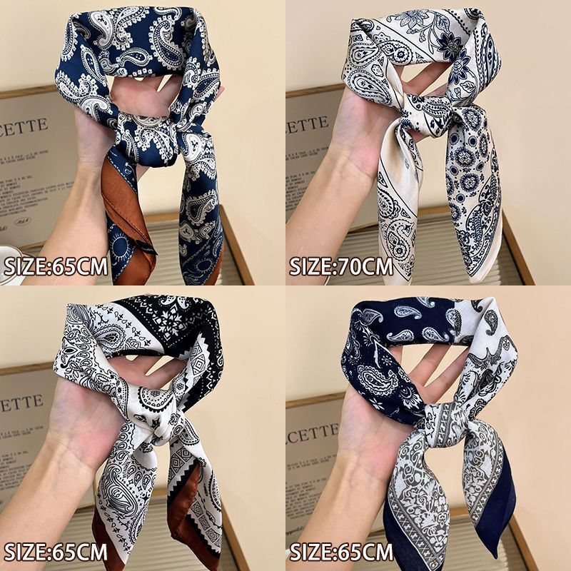 New retro-style silk scarves, headscarves, elegant square scarves, waist scarves, and neck scarves – versatile accessories that pair well with shirts; wholesale available