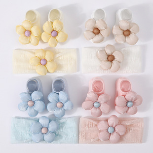 Baby's Lace Stretch Hair Band Flower Socks suit Baby's Toddler Shoes Soft Sole Sunflower Knot Rubber Shoes