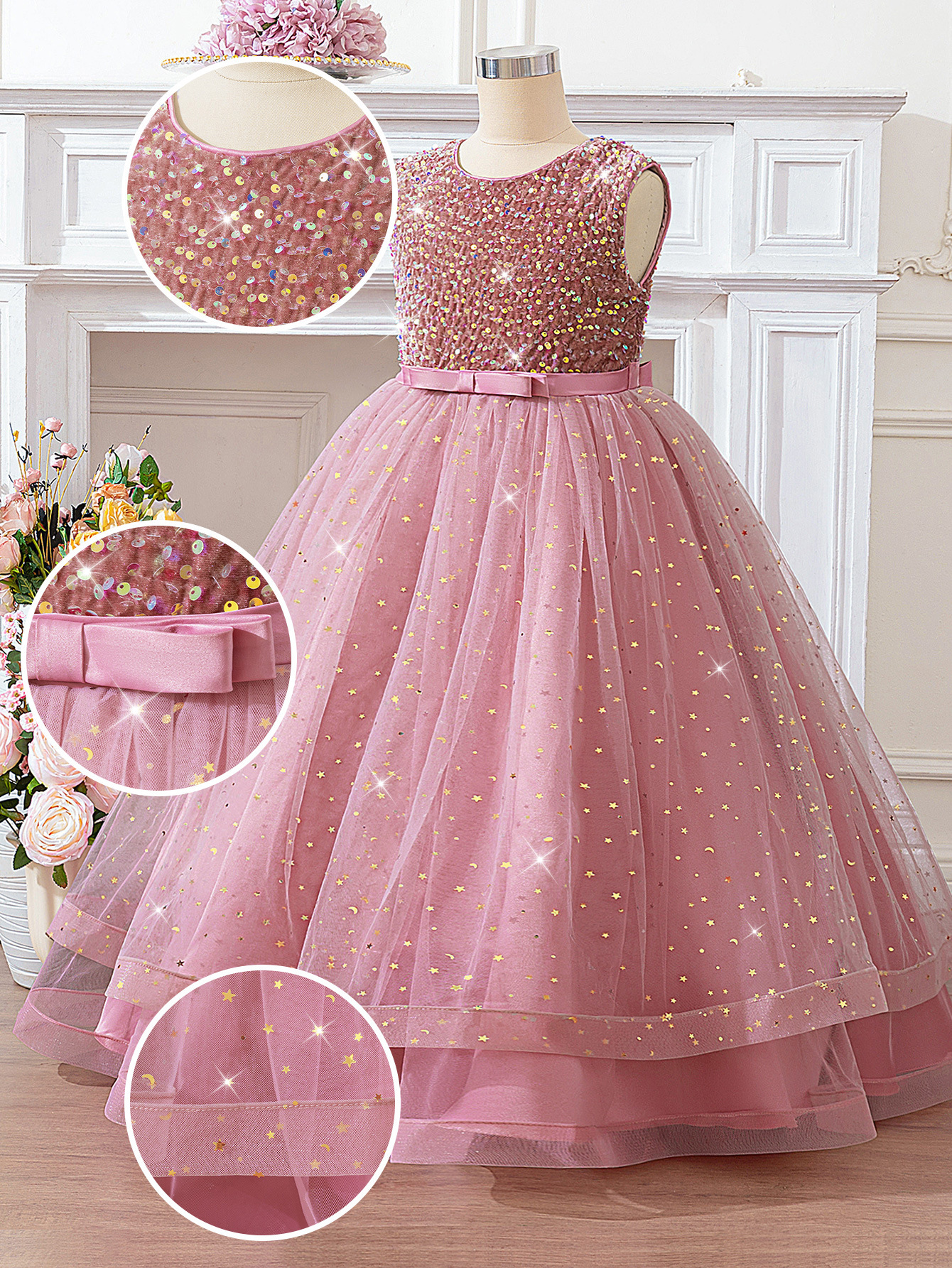 Vestido de princesa con sequillas vestido de estrellas con chapa caliente vestido de piano escenario vestido de chicas piano vestido