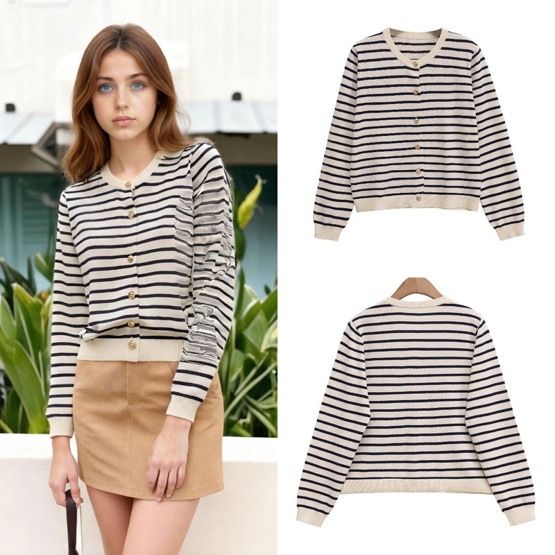 Za Export Cross-Border Spot Wholesale European and American Style Women's Autumn and Winter Popular Fashion Knitted Stripesd Cardigan Knitwear