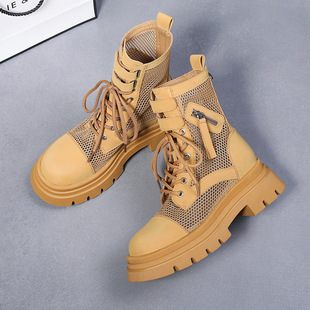 Hollow Martin boots female summer thin sandals leather net boots breathable mesh surface boots high heeled thick heel white boots