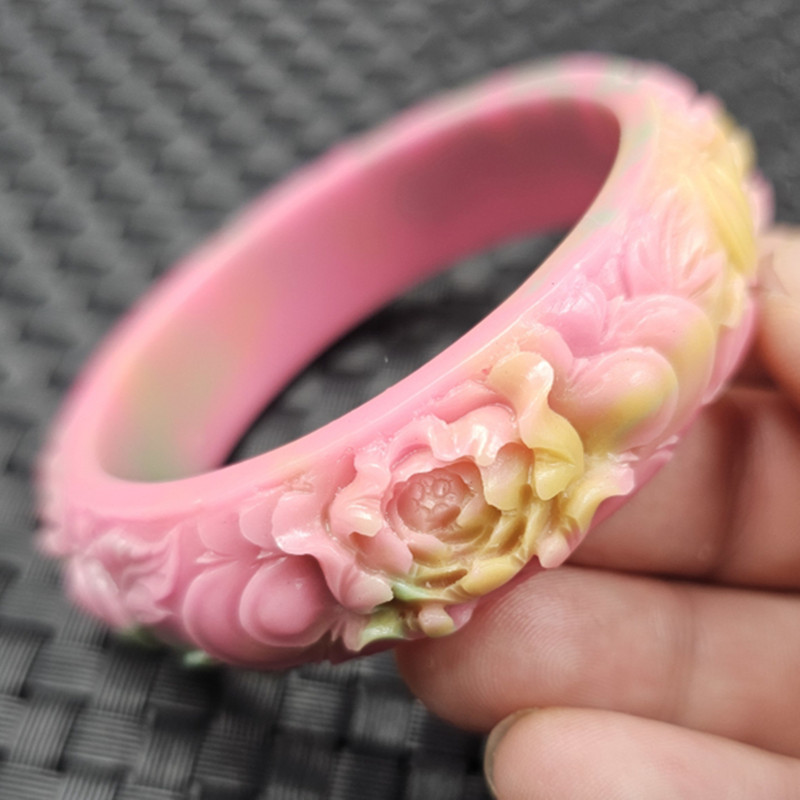 仿盐源玛瑙牡丹花手镯粉色花开富贵仿玉石手镯女款雕工镯子手环