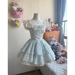 優しいフレンチスイートリトルフライングスリーブ花柄ドレスウエスト痩身プリンセス夏の新しいふわふわケーキスカート