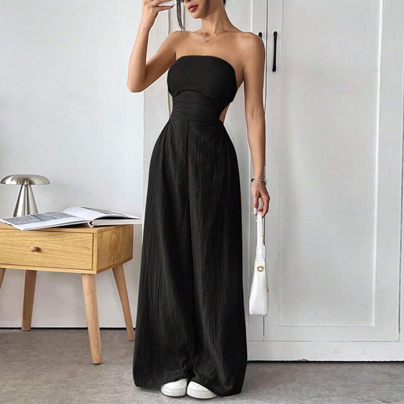 ヨーロッパとアメリカのクロスボーダーファッション気質カジュアル気質Lv服婦人服無地チューブトップウエストワイドレッグパンツ|undefined