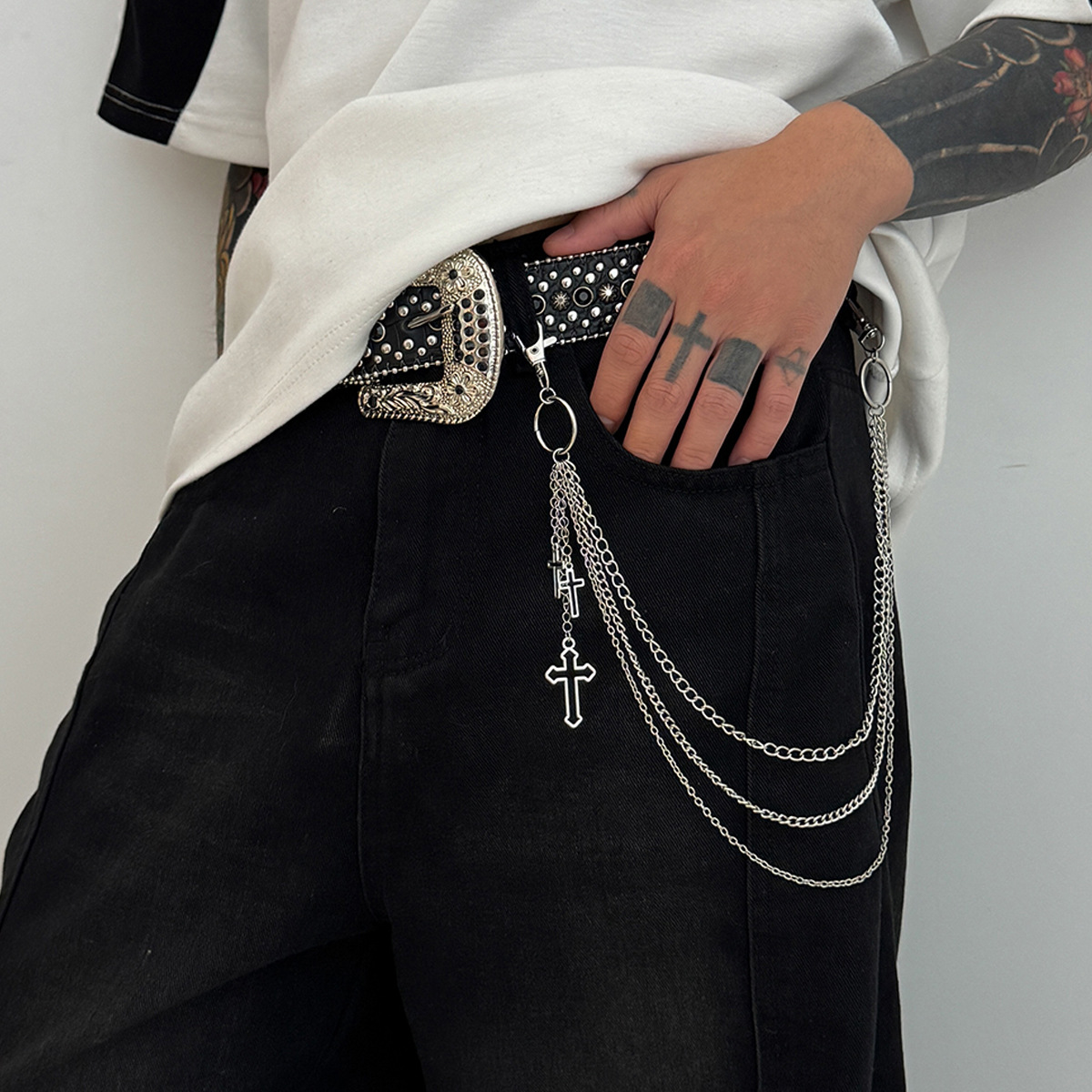 Hip-Hop-Punk-Cross-Metal-Hose, hochwertiges Tragegefühl, Herren-Nischen-Rock-Jeans mit Taillenkette_voghion.com