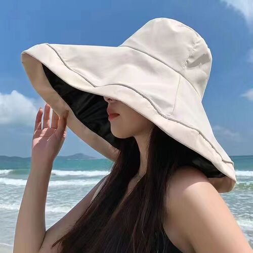 Extra-large brim sun hat for seaside, UV protection UPF50+, foldable black rubber fisherman hat for women