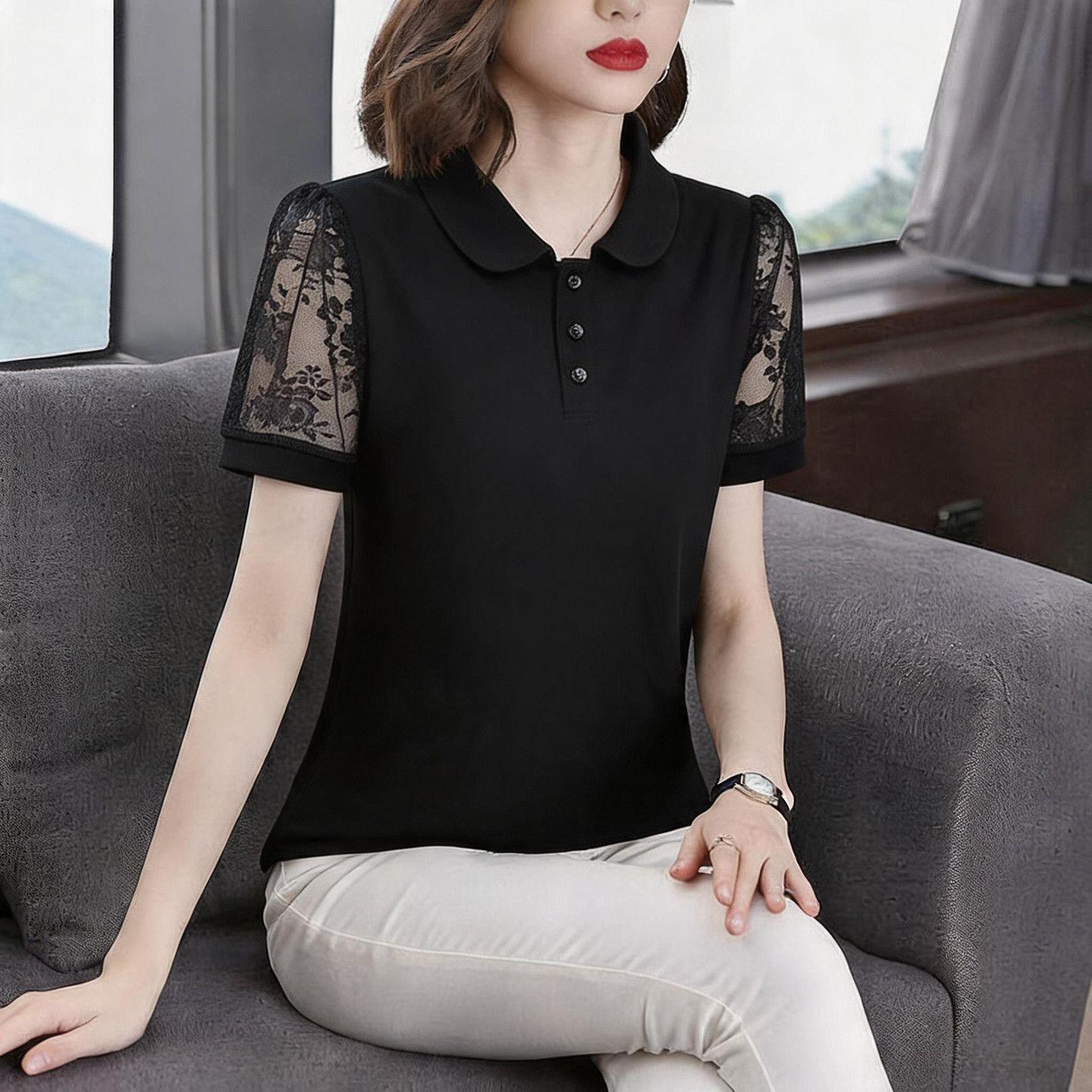 2026 Stylish Summer New Short-Sleeve Lace T-Shirt, Slimming and Fashionable Top, Elegant and Youthful for Moms