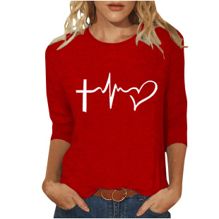 Amazon AliExpress wish2024 spring round neck love Valentine's Day printed bottoming shirt women's three-quarter sleeve t-shirt