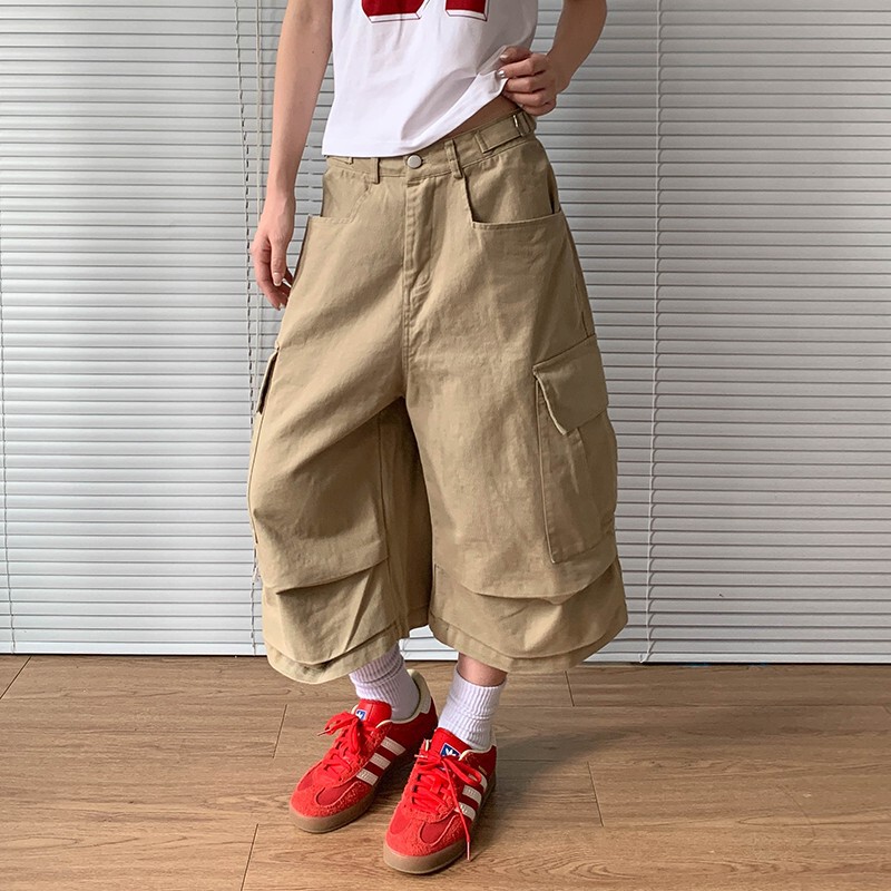American Retro Pleated Cropped Cargo Pants for Men and Women, New Summer Street Style Loose Straight Wide-Leg Versatile Pants Trendy
