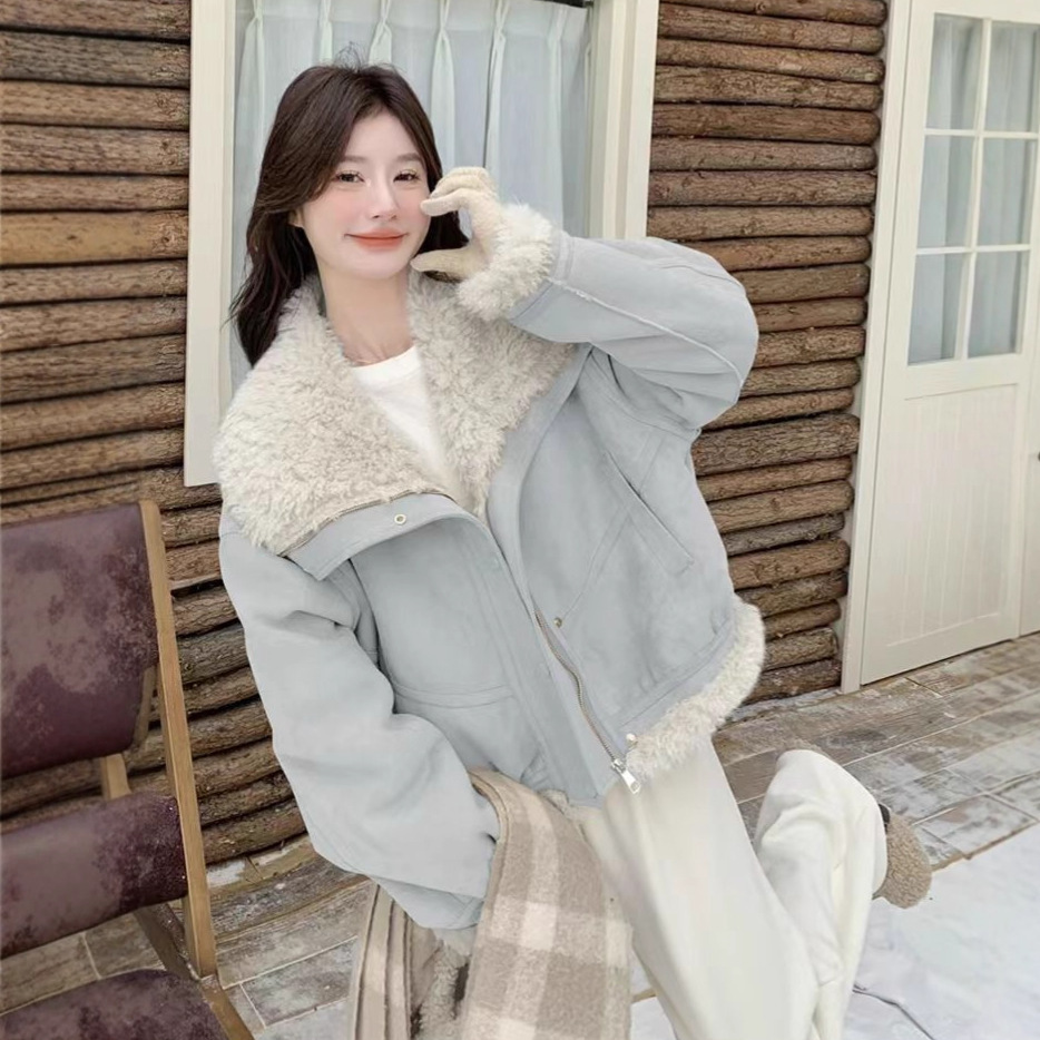 韩系小个子超好看皮毛一体羊羔毛外套女2025冬季新款短款加厚棉衣