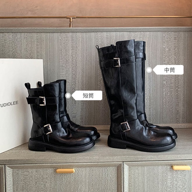 Grape Mom's New Autumn and Winter Height-Increasing 4Cm~Soft Leather Short Boots with Double Buckles and Side Zippers Thick-Soled Knight Boots for Women