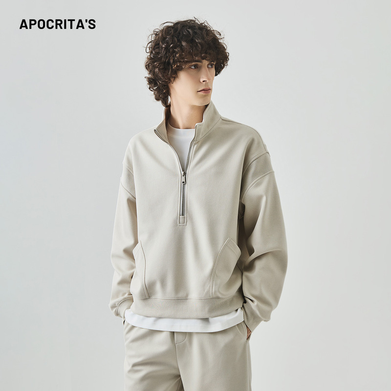 APO男装|跨境卫衣男秋季潮牌拼接宽松运动休闲半拉链立领长袖上衣|undefined
